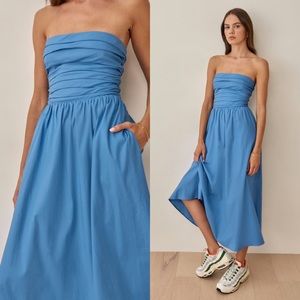 Reformation Strapless Ruched Bodice Midi Dress in Sky Blue
